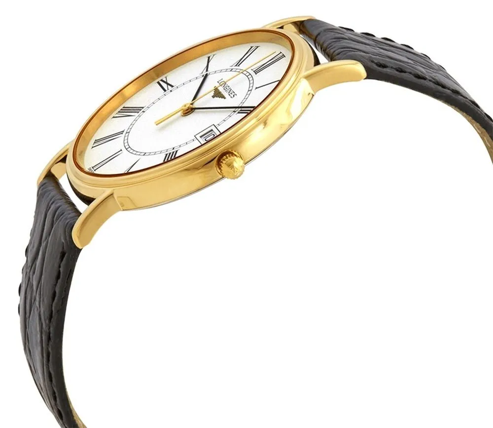 Longines Presence Yellow Gold PVD White Dial Black Leather Strap Date Quartz Mens Watch L4.790.2.11.2