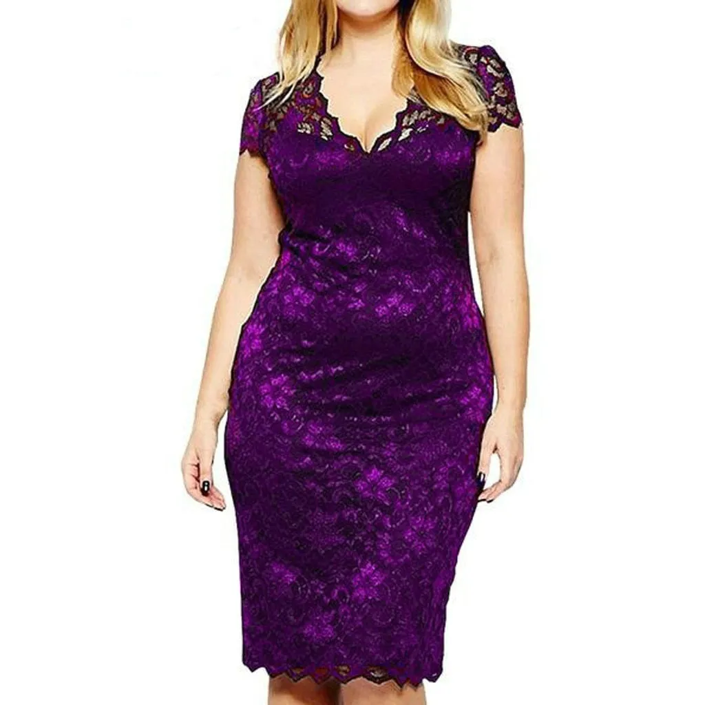 MISSOMO Plus size dress Women 5XL Lace Hollow out party Dress  Short Sleeve V-Neck summer women dress Purple bodycon dress 617