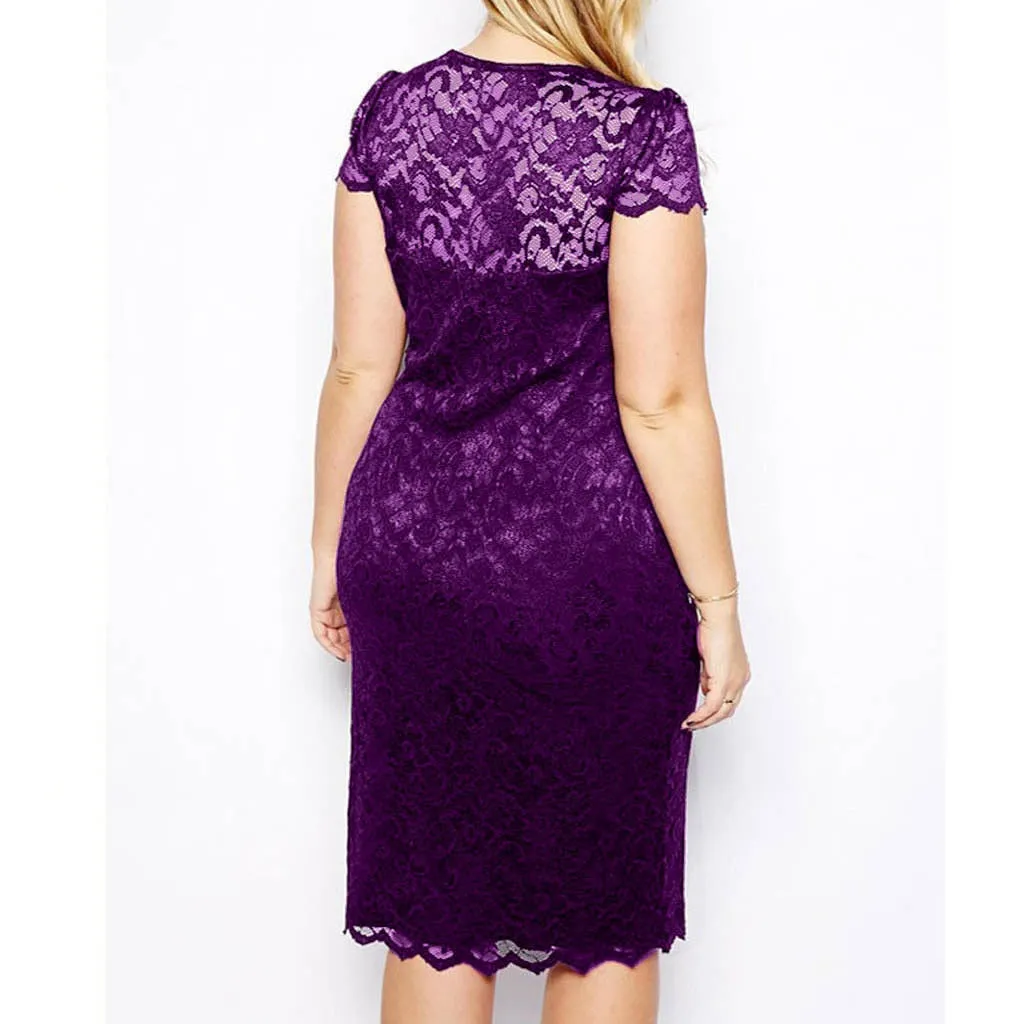 MISSOMO Plus size dress Women 5XL Lace Hollow out party Dress  Short Sleeve V-Neck summer women dress Purple bodycon dress 617