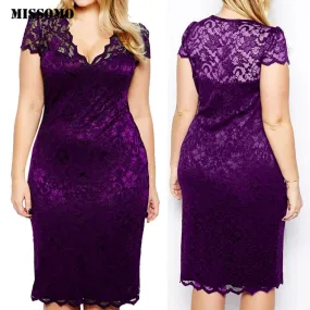 MISSOMO Plus size dress Women 5XL Lace Hollow out party Dress  Short Sleeve V-Neck summer women dress Purple bodycon dress 617