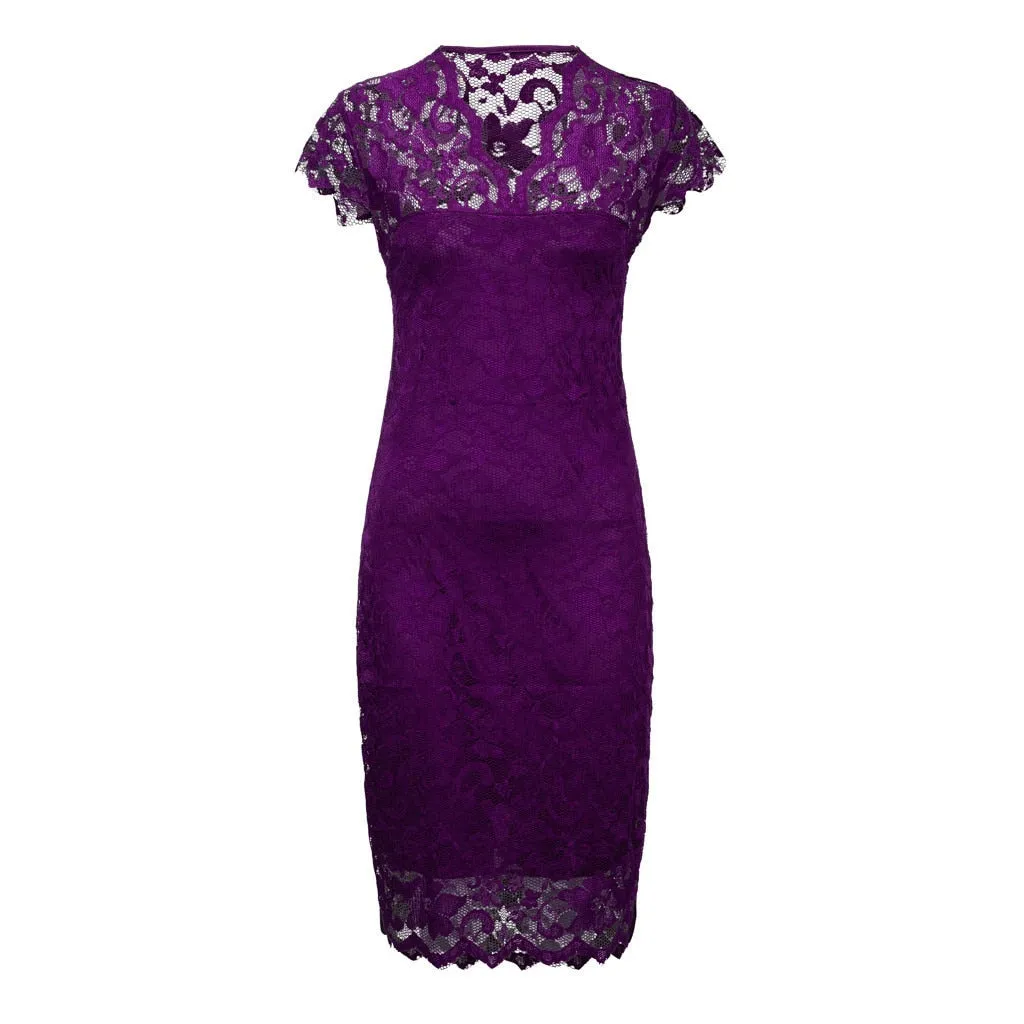 MISSOMO Plus size dress Women 5XL Lace Hollow out party Dress  Short Sleeve V-Neck summer women dress Purple bodycon dress 617