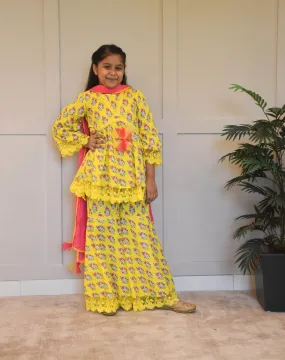 Pre Order: Yellow Printed Kurti Sharara