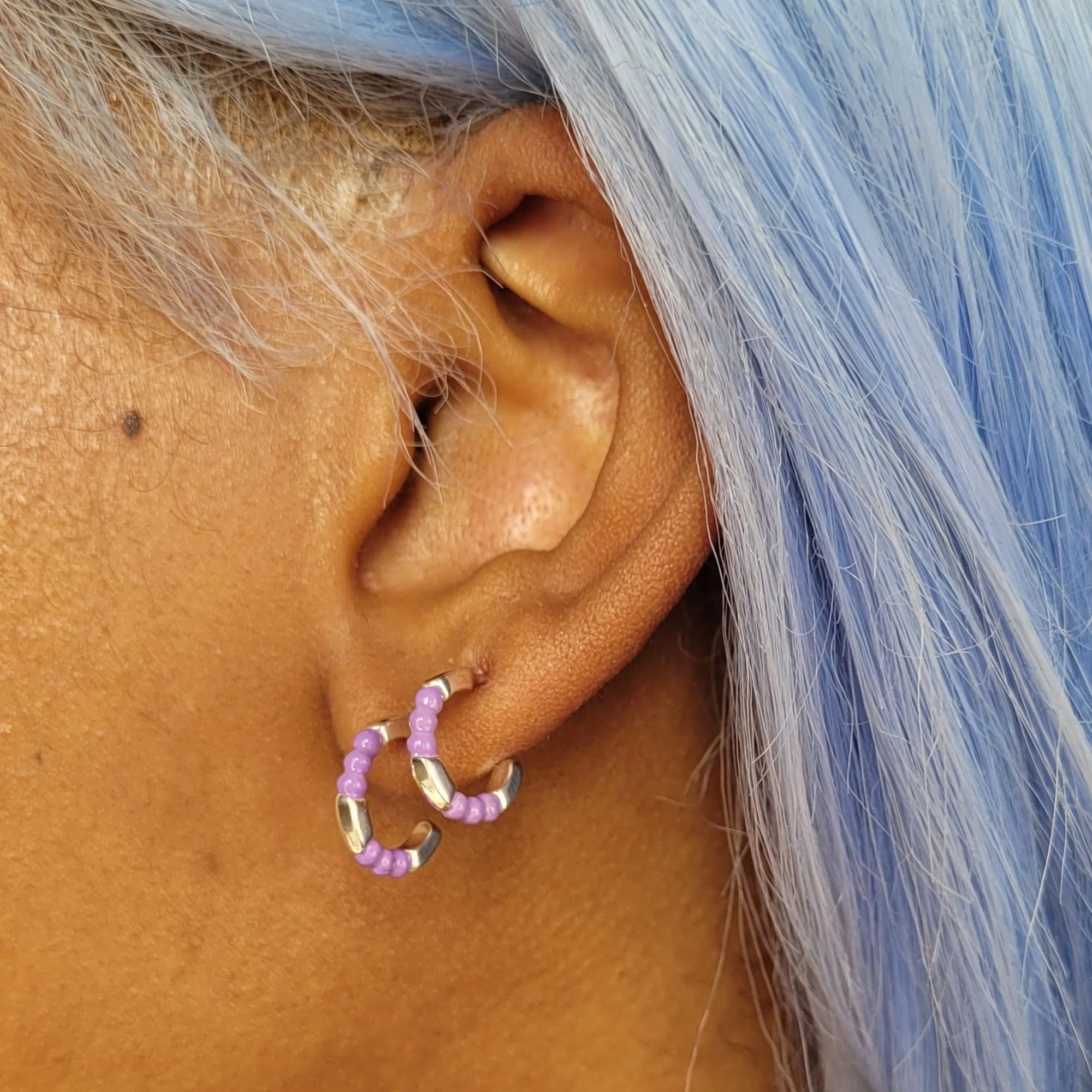 Silver Enamel Dot Huggie Hoop Earrings