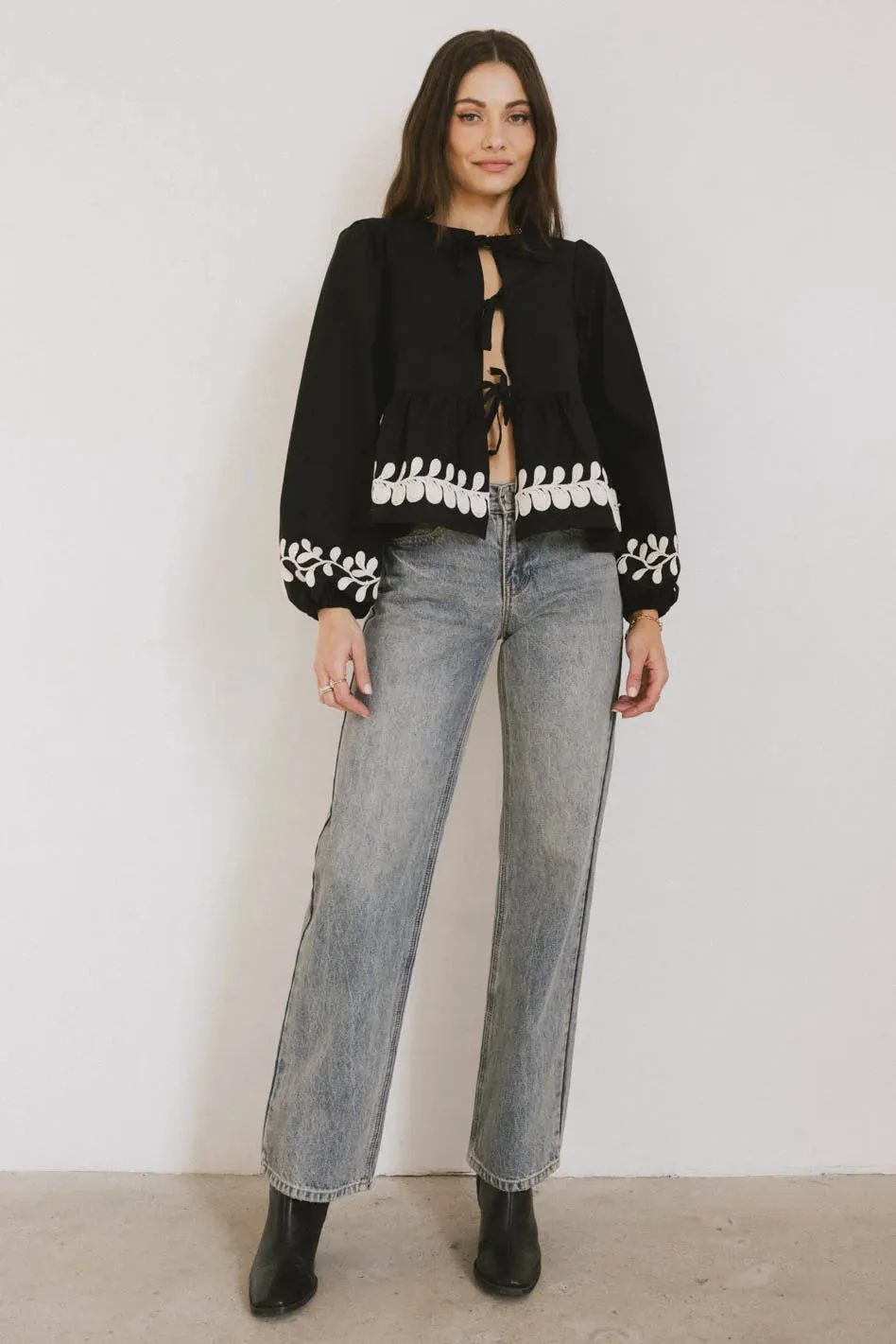 Stariana Embroidered Tie Blouse in Black