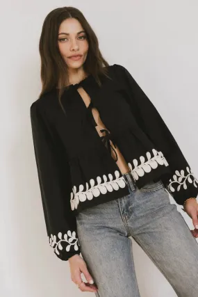 Stariana Embroidered Tie Blouse in Black