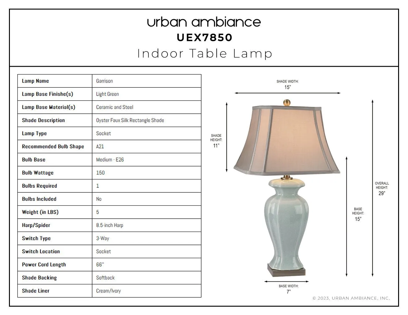 UEX7850 Traditional Table Lamp 15''W x 10''D x 29''H, Light Green Finish, Garrison Collection