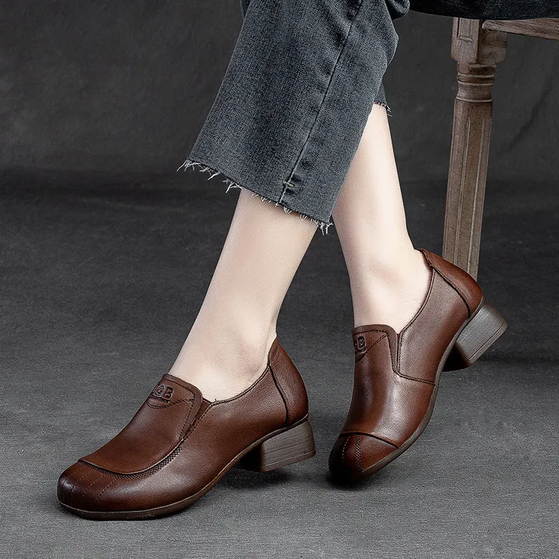 Women Retro Leather Chunky Heel Casual Shoes