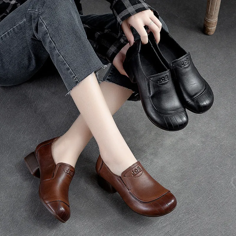 Women Retro Leather Chunky Heel Casual Shoes