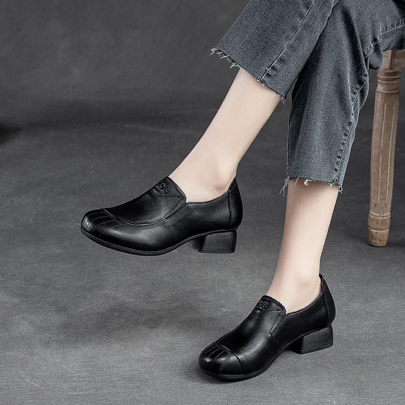 Women Retro Leather Chunky Heel Casual Shoes